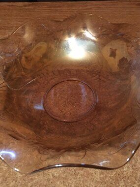 VINTAGE JEANNETTE GLASS FLORAGOLD LOIUSA RUFFLED BOWL 11.5"